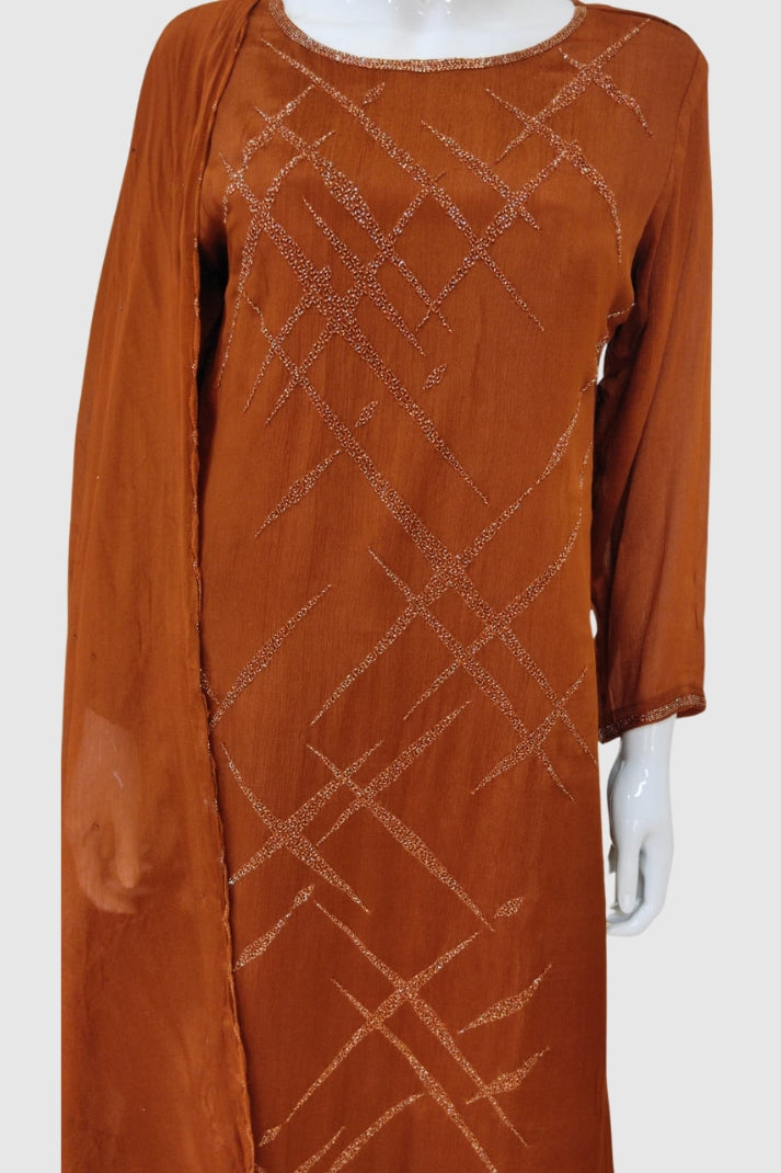 Copper Pure Chinon Silk Party Wear Suit with Katdana Handwork – Women’s Ethnic Wear