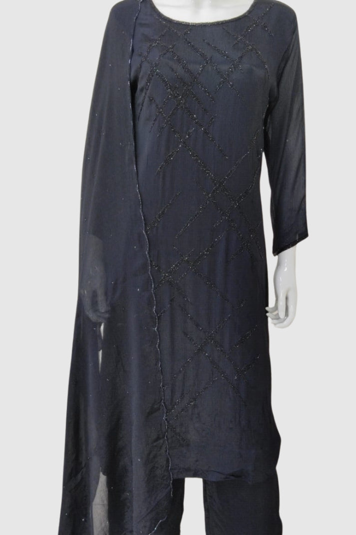 Black Pure Chinon Silk Party Wear Suit with Katdana Handwork – Women’s Ethnic Wear
