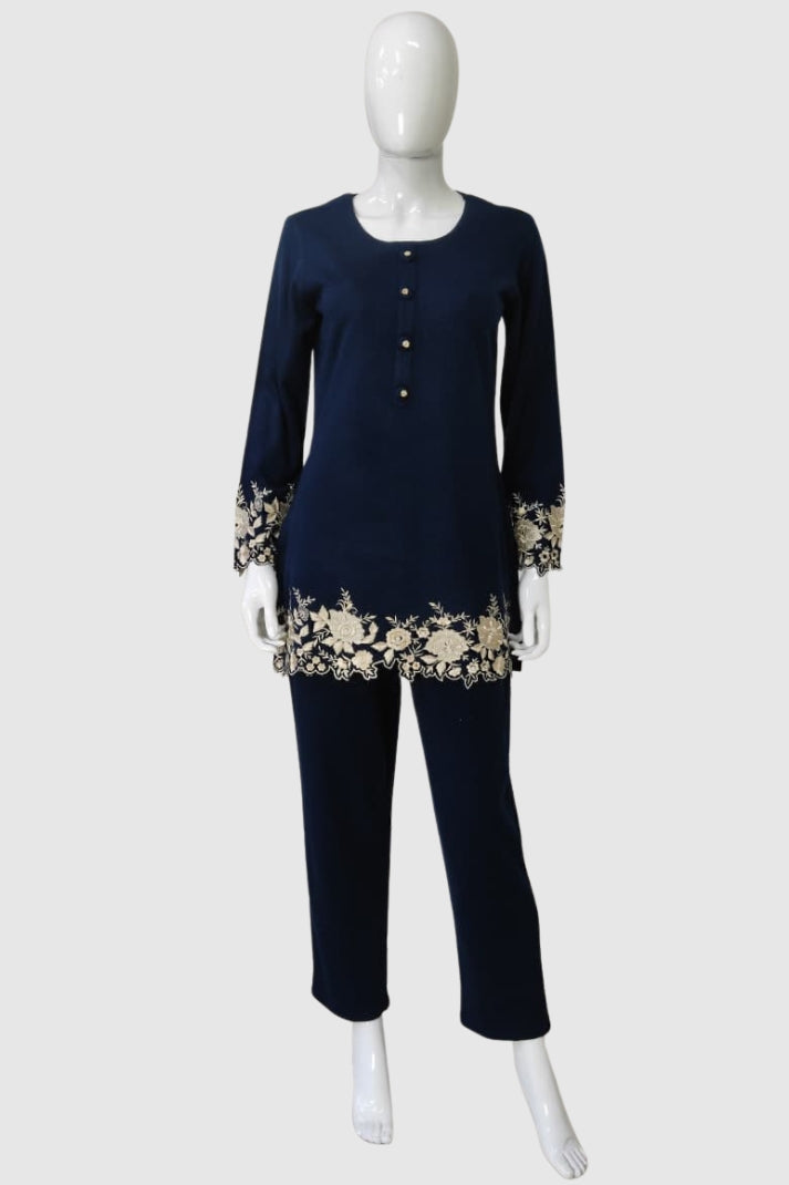 Navy Blue Woollen Coord Set with Thread Embroidery – Warm Women’s Ethnic Wear | Label Anju Kumar