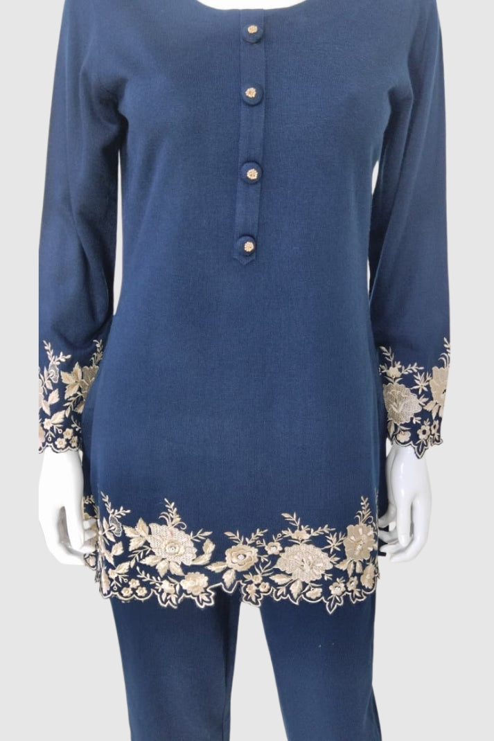 Navy Blue Woollen Coord Set with Thread Embroidery – Warm Women’s Ethnic Wear | Label Anju Kumar