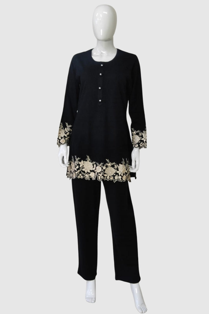 Black Woollen Coord Set with Thread Embroidery – Women’s Winter Wear | Label Anju Kumar