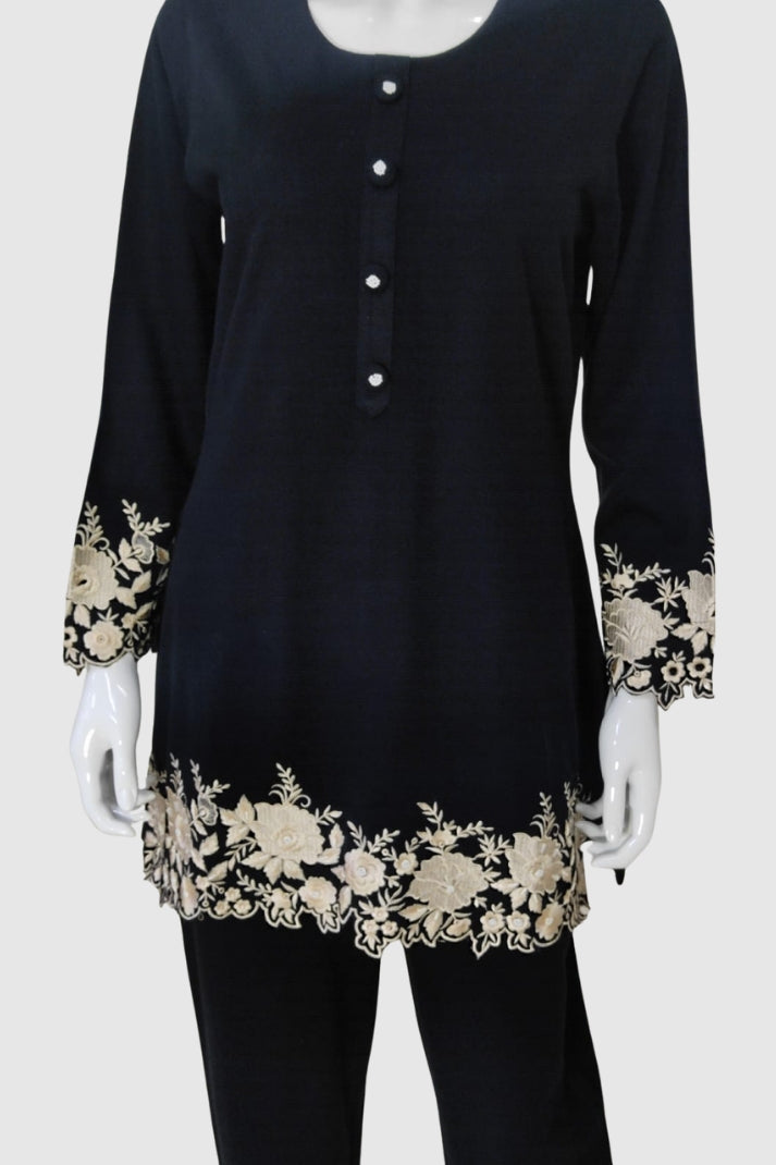 Black Woollen Coord Set with Thread Embroidery – Women’s Winter Wear | Label Anju Kumar