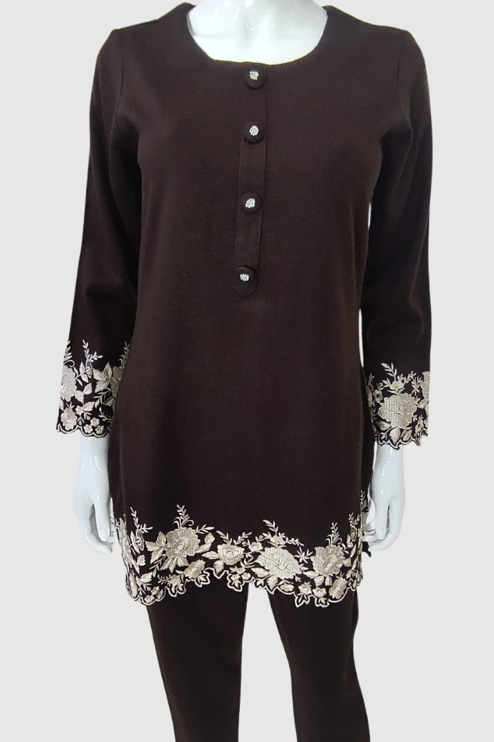 Brown Woollen Coord Set with Thread Embroidery – Womens Winter Ethnic Outfit | Label Anju Kumar