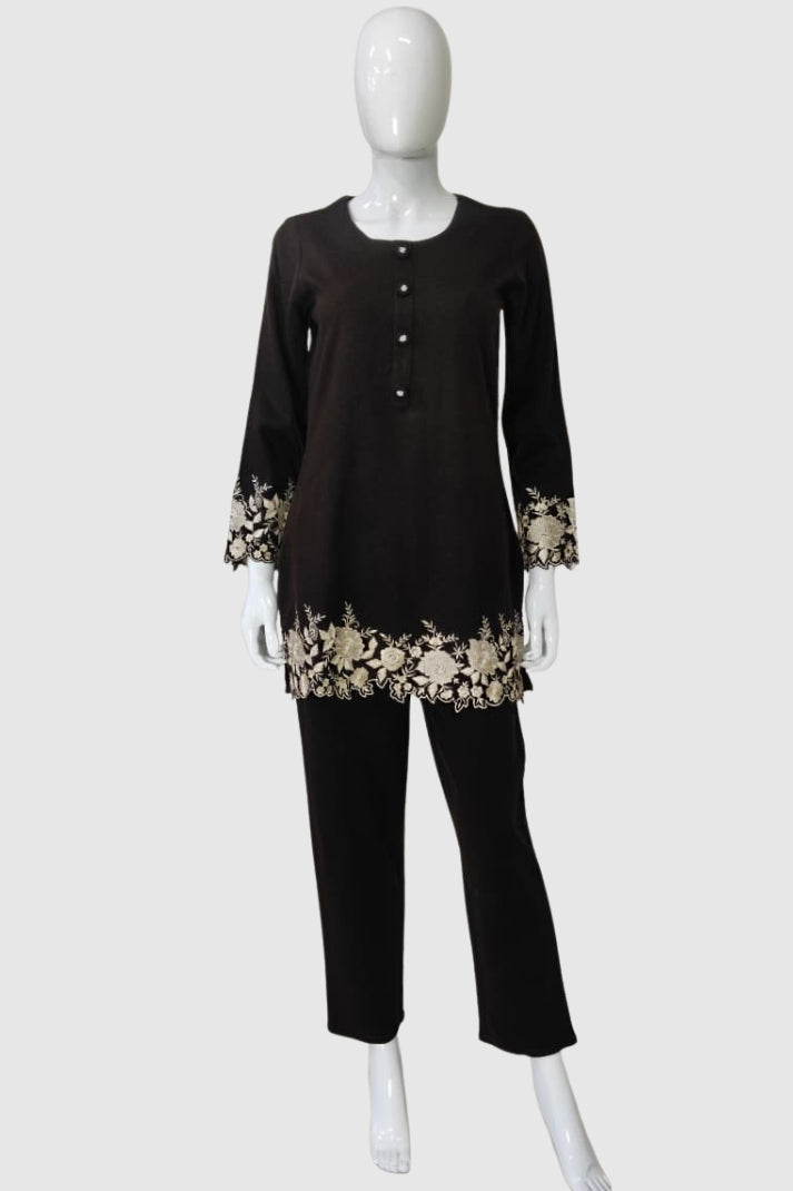 Brown Woollen Coord Set with Thread Embroidery – Womens Winter Ethnic Outfit | Label Anju Kumar