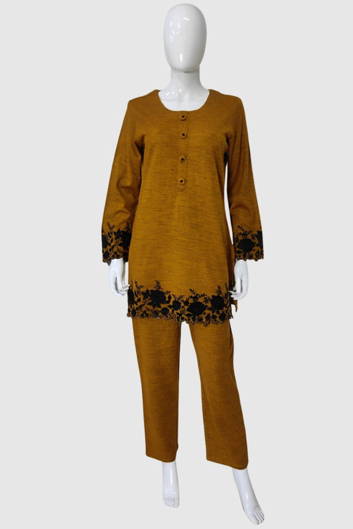 Mustard Woollen Coord Set with Thread Embroidery – Cozy & Stylish Winter Ethnic Wear | Label Anju Kumar