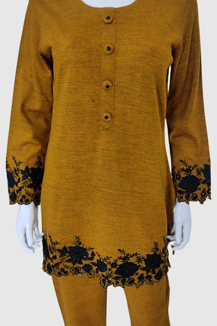 Mustard Woollen Coord Set with Thread Embroidery – Cozy & Stylish Winter Ethnic Wear | Label Anju Kumar