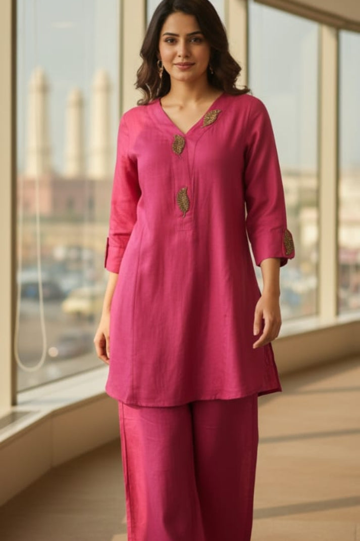 Majinta Dola Silk Coord Set with Hand Embroidery on Neck, Sleeves & Back | Label Anju Kumar