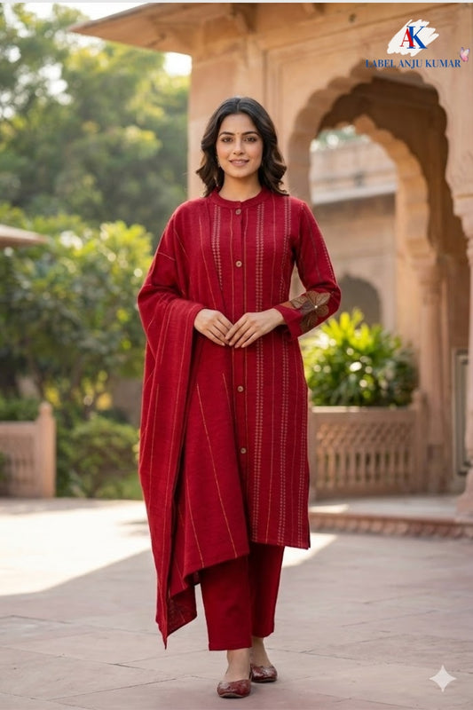 Red Woollen Embroidered Suit Dupatta Set – Winter Ethnic Wear | Label Anju Kumar