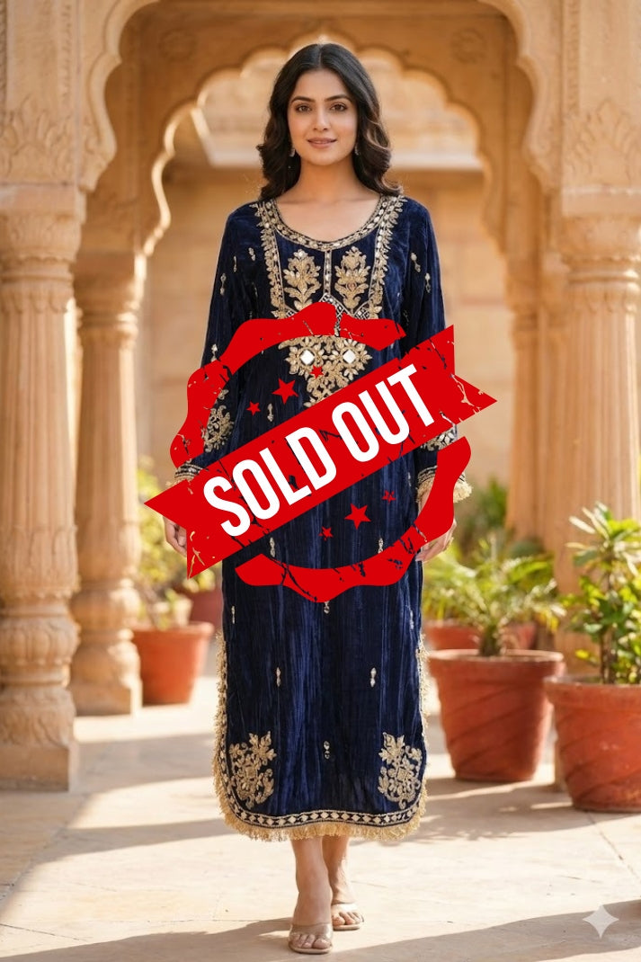 Navy Velvet Long Kaftaan Dress with Hand Mirror Work – Women’s Party & Winter Wear | Label Anju Kumar