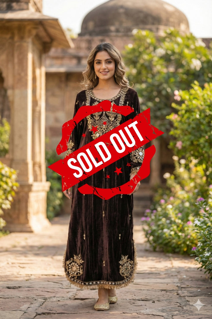 Brown Velvet Long Kaftaan Dress with Hand Mirror Work – Women’s Party & Winter Wear | Label Anju Kumar