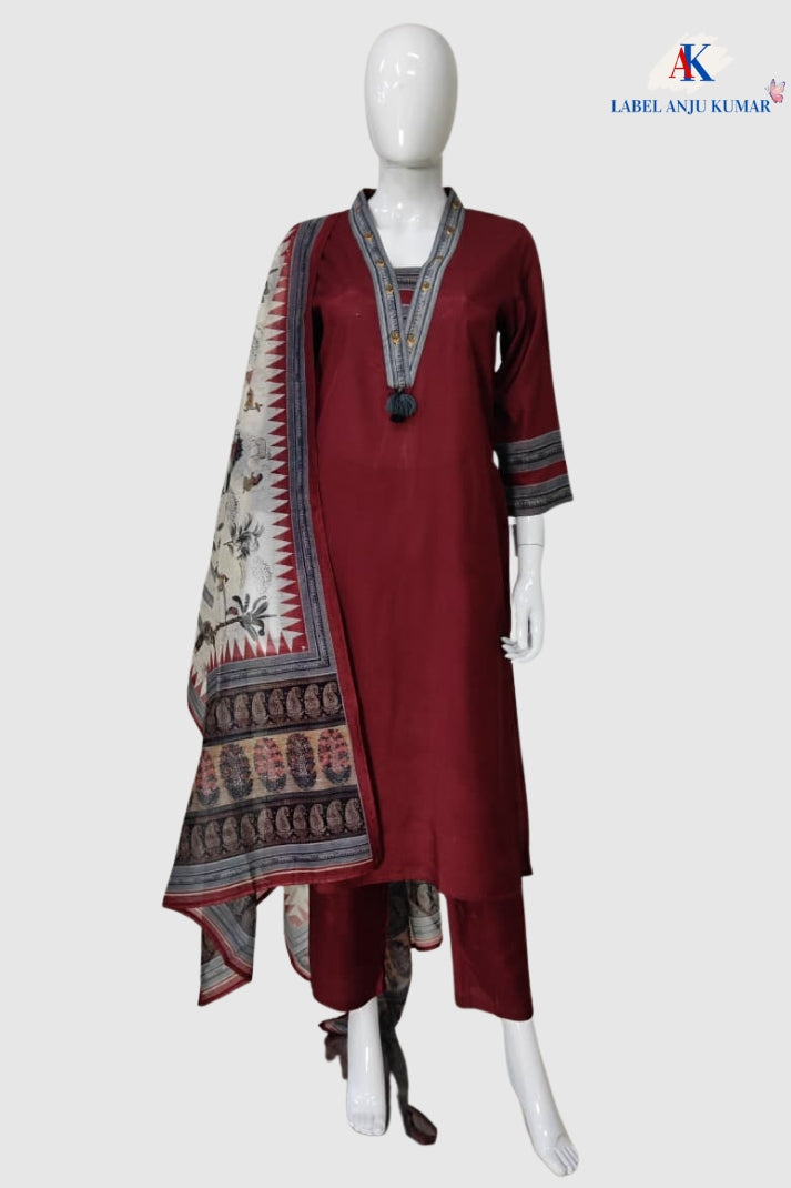 Mehroon Muslin Modal Straight Suit with Madhubani Print Chanderi Dupatta – Women’s Ethnic Wear