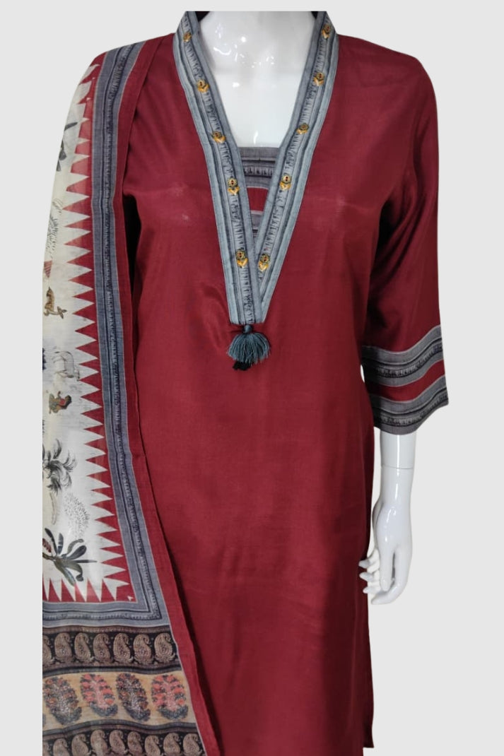Mehroon Muslin Modal Straight Suit with Madhubani Print Chanderi Dupatta – Women’s Ethnic Wear