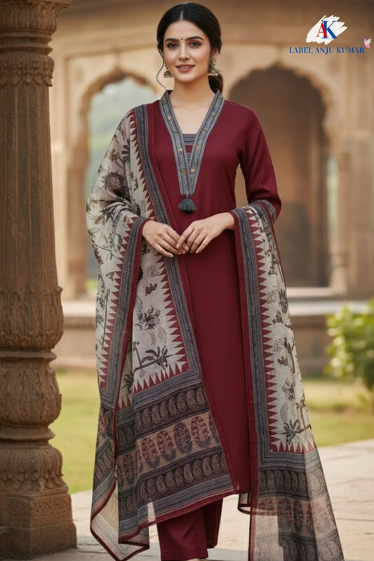 Mehroon Muslin Modal Straight Suit with Madhubani Print Chanderi Dupatta – Women’s Ethnic Wear