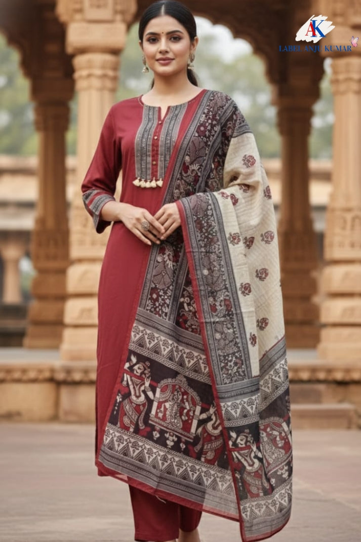 Mehroon Muslin Modal Straight Suit with Madhubani Print Chanderi Dupatta – Women’s Ethnic Wear