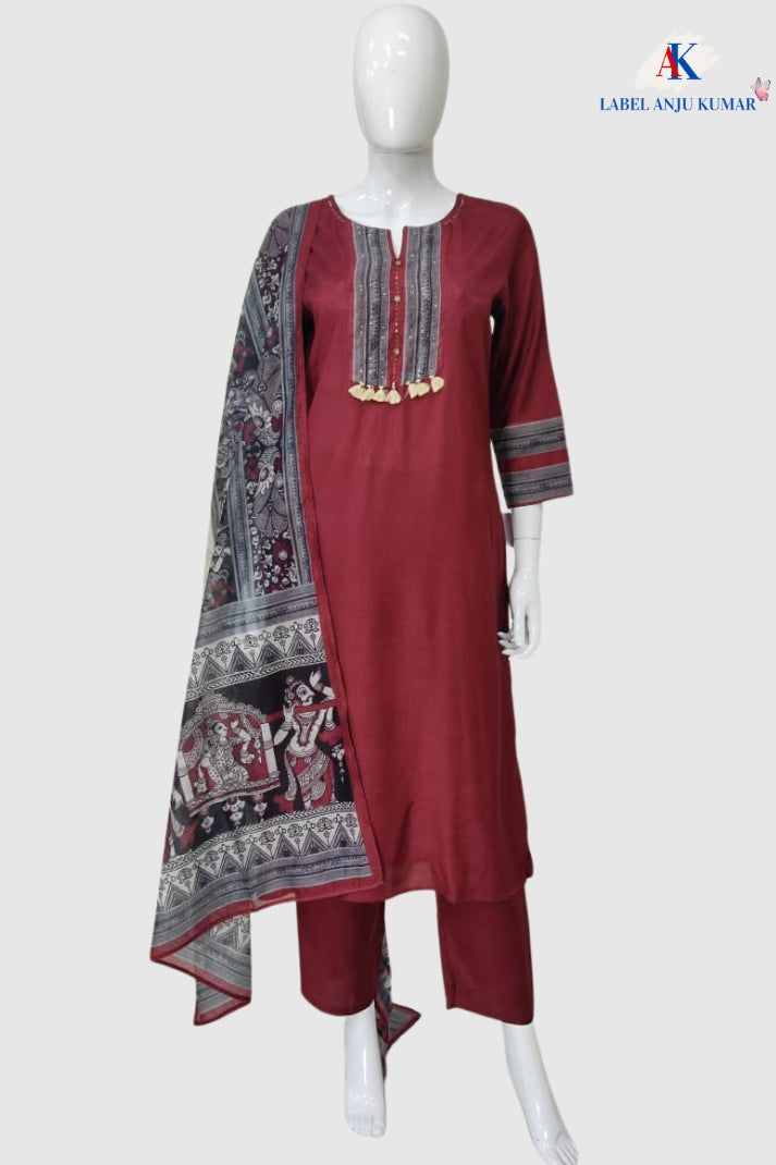 Mehroon Muslin Modal Straight Suit with Madhubani Print Chanderi Dupatta – Women’s Ethnic Wear