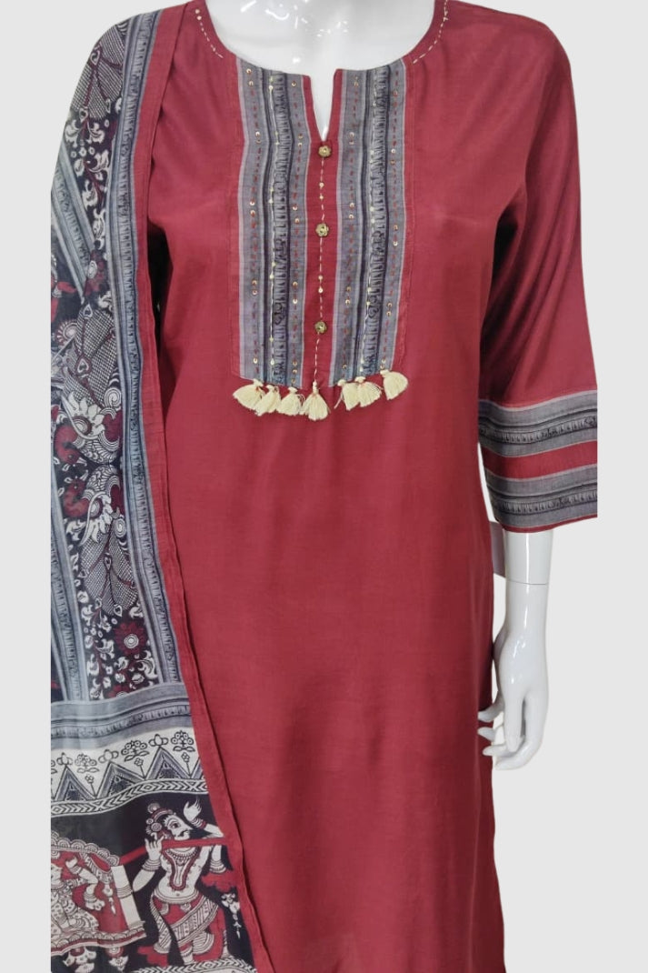 Mehroon Muslin Modal Straight Suit with Madhubani Print Chanderi Dupatta – Women’s Ethnic Wear
