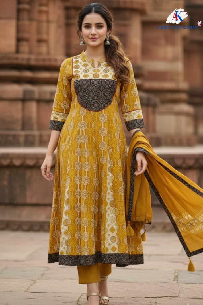 Mustard Pure Cotton Anarkali Suit with Patch Work & Kota Doria Dupatta – Women’s Ethnic Wear