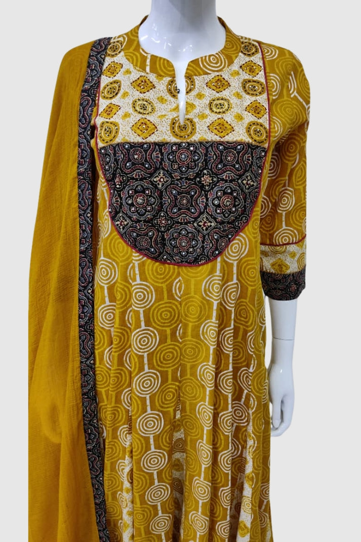 Mustard Pure Cotton Anarkali Suit with Patch Work & Kota Doria Dupatta – Women’s Ethnic Wear