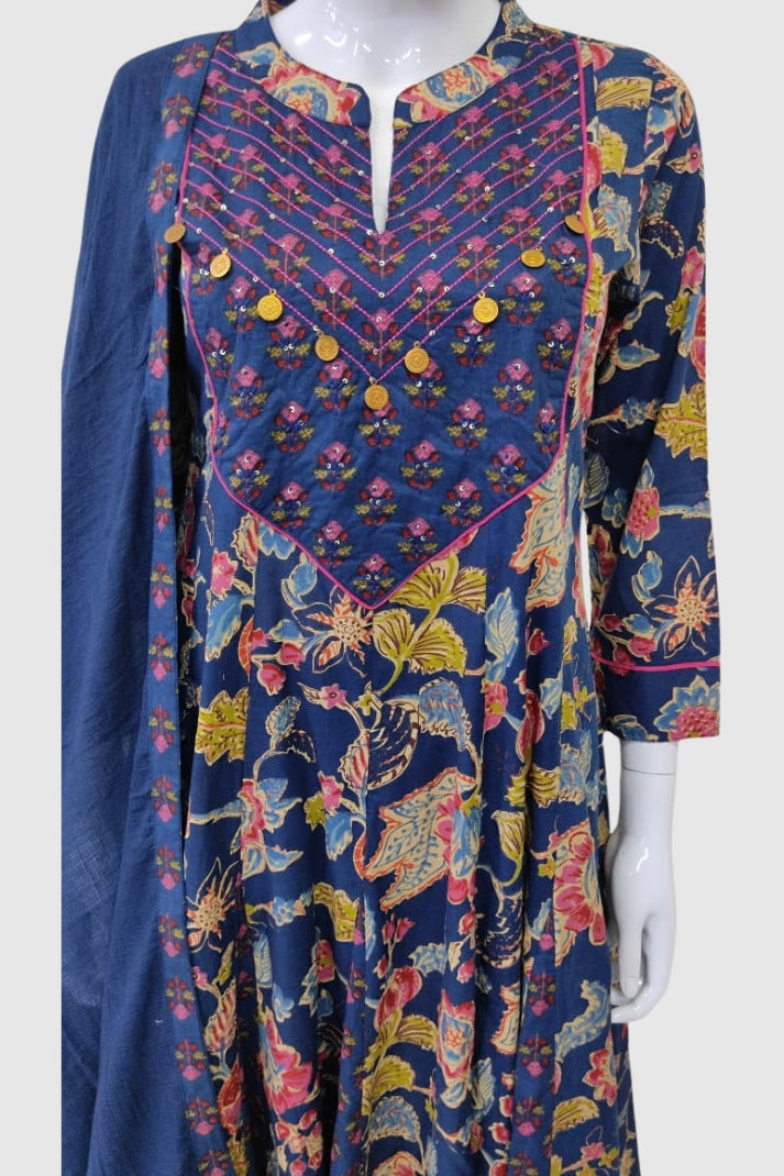 Navy Blue Pure Cotton Anarkali Suit with Patch Work & Kota Doria Dupatta – Women’s Festive Wear