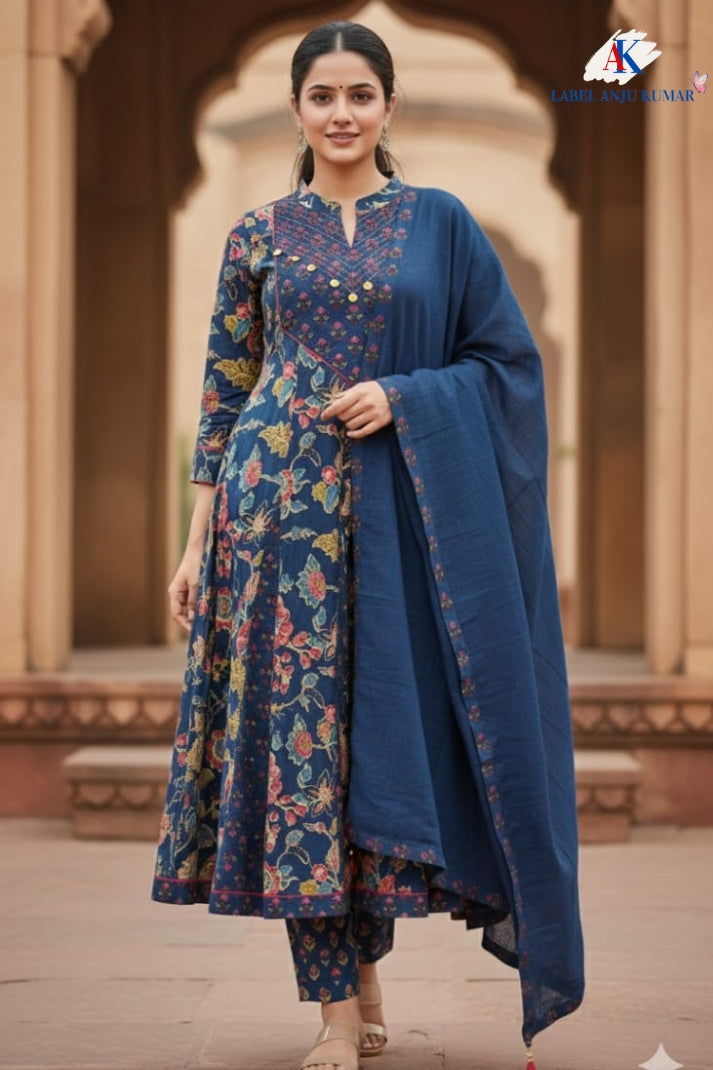 Navy Blue Pure Cotton Anarkali Suit with Patch Work & Kota Doria Dupatta – Women’s Festive Wear