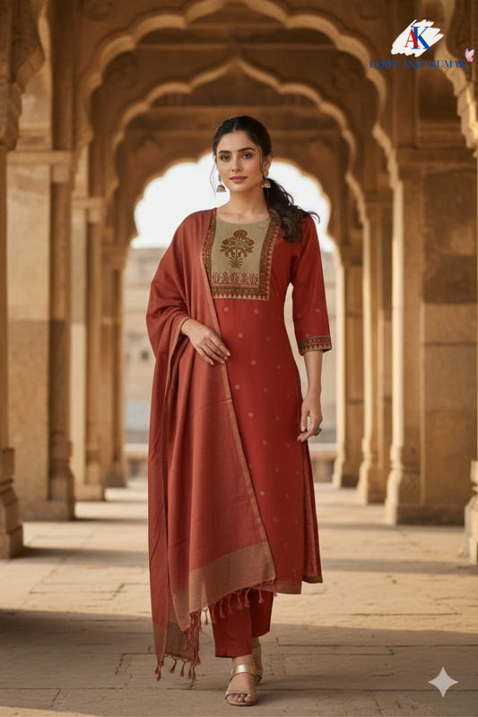 Rust Handloom Cotton Straight Suit with Block Print Patch & South Cotton Dupatta – Women’s Festive Wear