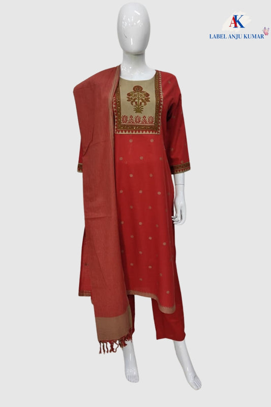 Rust Handloom Cotton Straight Suit with Block Print Patch & South Cotton Dupatta – Women’s Festive Wear
