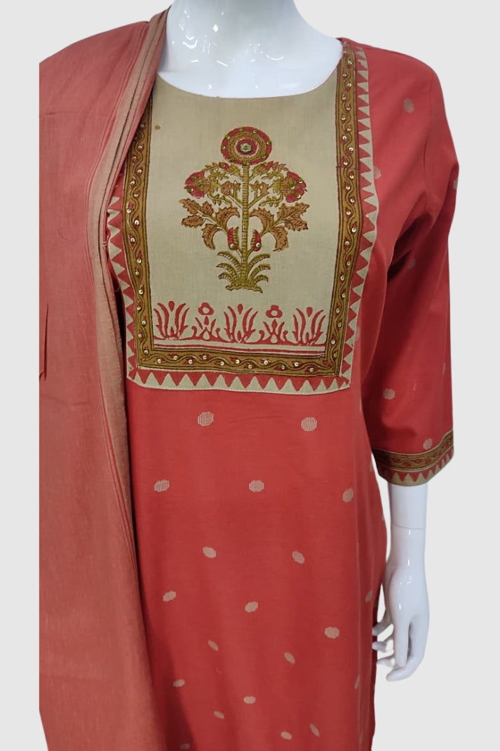 Rust Handloom Cotton Straight Suit with Block Print Patch & South Cotton Dupatta – Women’s Festive Wear