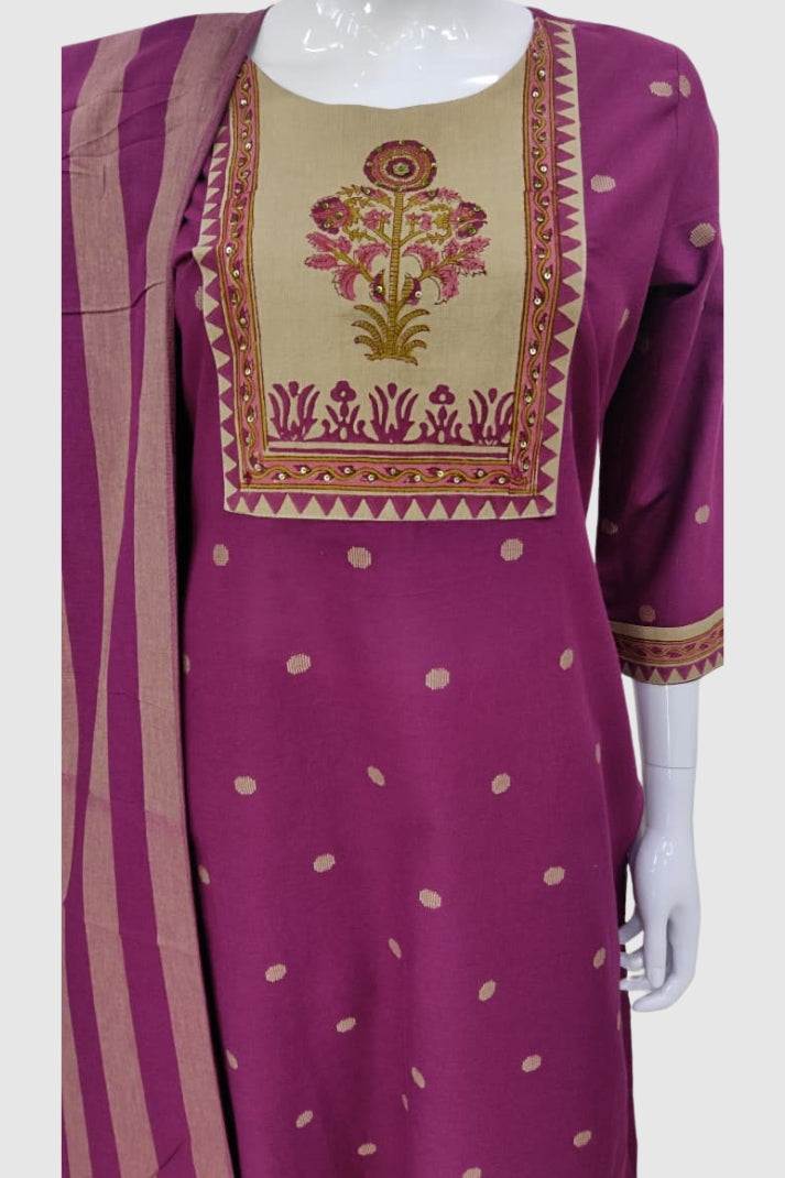 Wine Handloom Cotton Straight Suit with Block Print Patch & South Cotton Dupatta – Women’s Ethnic Wear