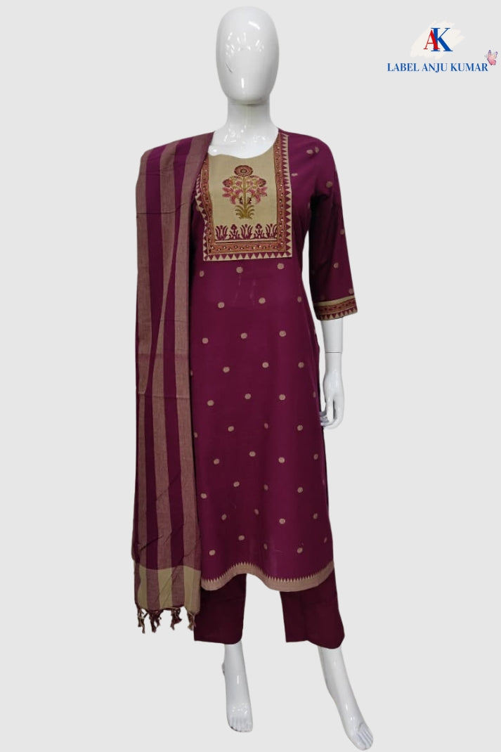 Wine Handloom Cotton Straight Suit with Block Print Patch & South Cotton Dupatta – Women’s Ethnic Wear