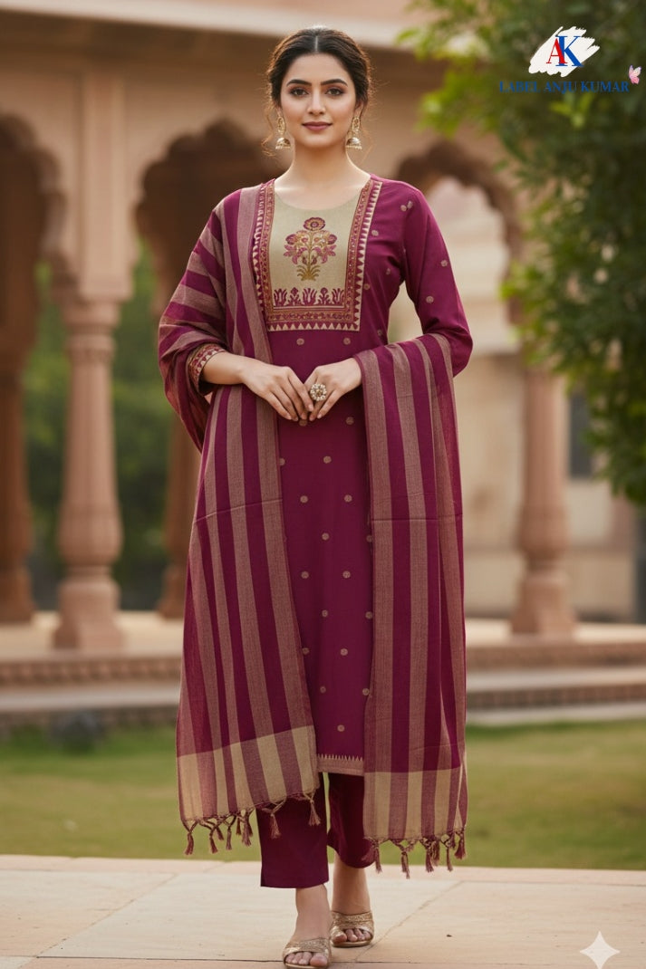 Wine Handloom Cotton Straight Suit with Block Print Patch & South Cotton Dupatta – Women’s Ethnic Wear
