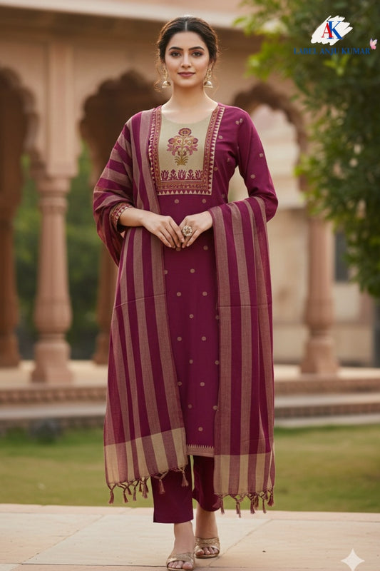 Wine Handloom Cotton Straight Suit with Block Print Patch & South Cotton Dupatta – Women’s Ethnic Wear