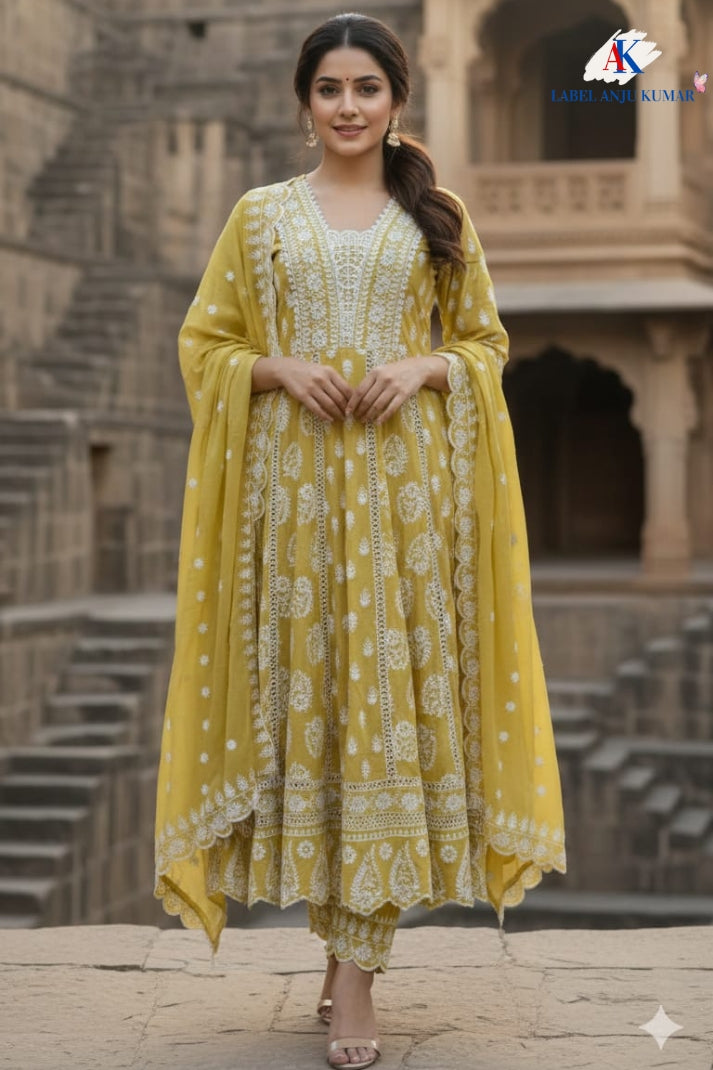 Liril Green Chikankari Anarkali Suit Dupatta Set – Pure Malmal Cotton Semi Formal Wear | Label Anju Kumar
