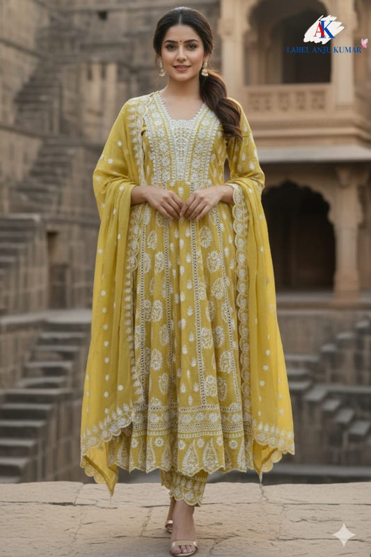 Liril Green Chikankari Anarkali Suit Dupatta Set – Pure Malmal Cotton Semi Formal Wear | Label Anju Kumar