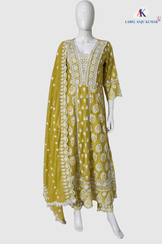 Liril Green Chikankari Anarkali Suit Dupatta Set – Pure Malmal Cotton Semi Formal Wear | Label Anju Kumar