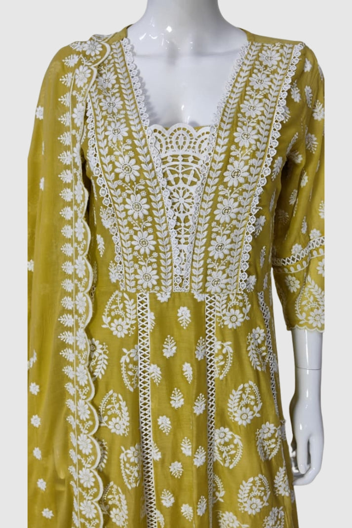 Liril Green Chikankari Anarkali Suit Dupatta Set – Pure Malmal Cotton Semi Formal Wear | Label Anju Kumar