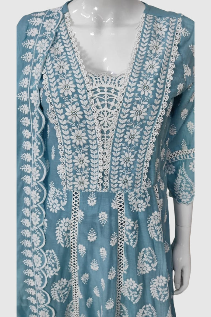 Sky Blue Chikankari Anarkali Suit Dupatta Set – Elegant Malmal Cotton Office Wear | Label Anju Kumar
