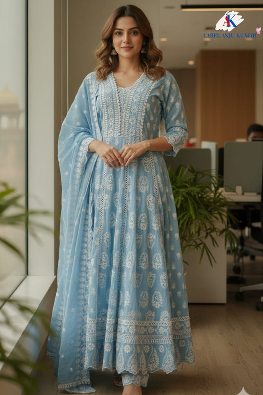 Sky Blue Chikankari Anarkali Suit Dupatta Set – Elegant Malmal Cotton Office Wear | Label Anju Kumar