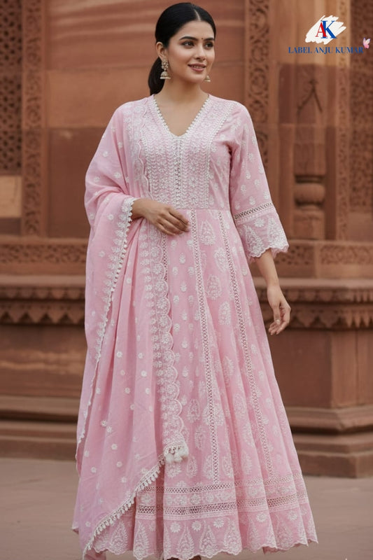 Pink Chikankari Anarkali Suit Dupatta Set – Semi Formal Malmal Cotton Suit | Label Anju Kumar