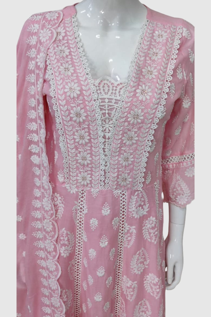 Pink Chikankari Anarkali Suit Dupatta Set – Semi Formal Malmal Cotton Suit | Label Anju Kumar