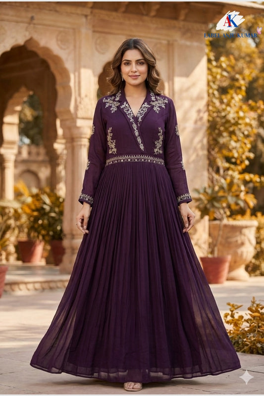 Pure Chinon Silk Wine Long Party Wear Gown with Dubka & Zardozi Hand Embroidery