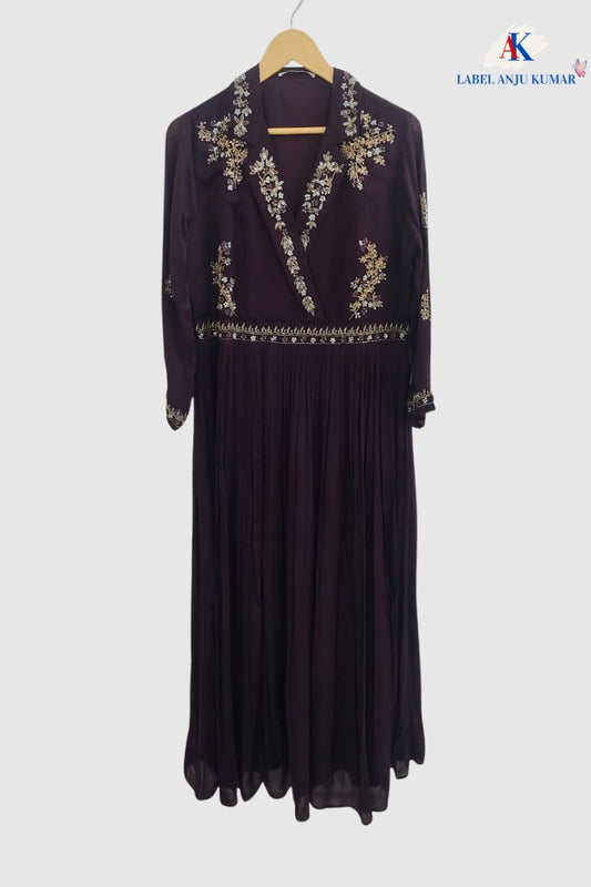 Pure Chinon Silk Wine Long Party Wear Gown with Dubka & Zardozi Hand Embroidery