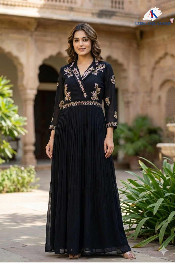 Pure Chinon Silk Black Long Party Wear Gown with Dubka & Zardozi Hand Embroidery