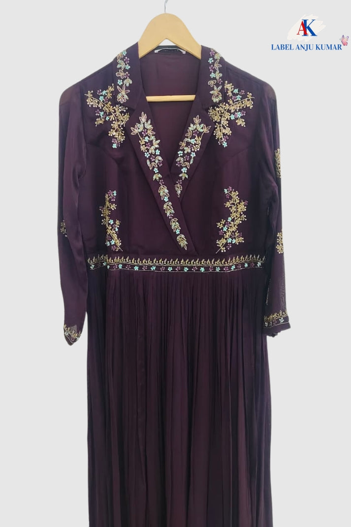 Pure Chinon Silk Wine Long Party Wear Gown with Dubka & Zardozi Hand Embroidery