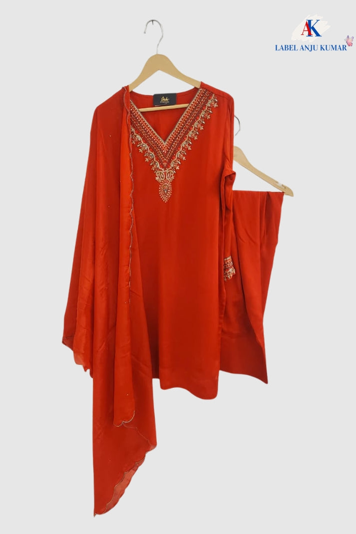 Pure Chinon Silk Rust Farshi Salwar Suit with Dubka & Zardozi Hand Embroidery