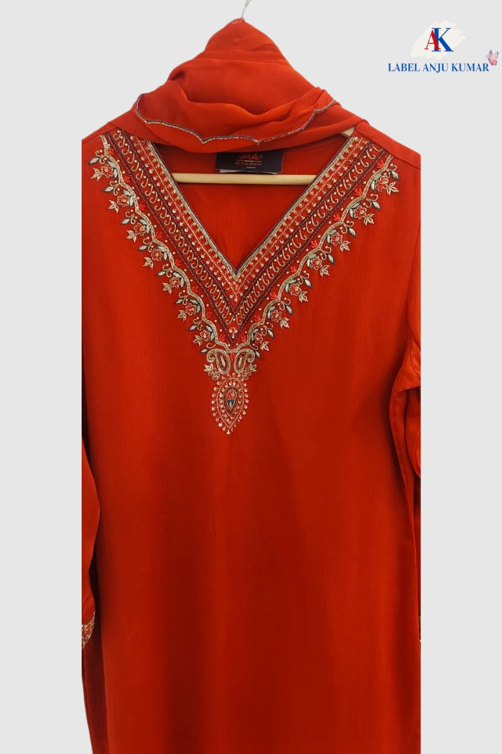 Pure Chinon Silk Rust Farshi Salwar Suit with Dubka & Zardozi Hand Embroidery