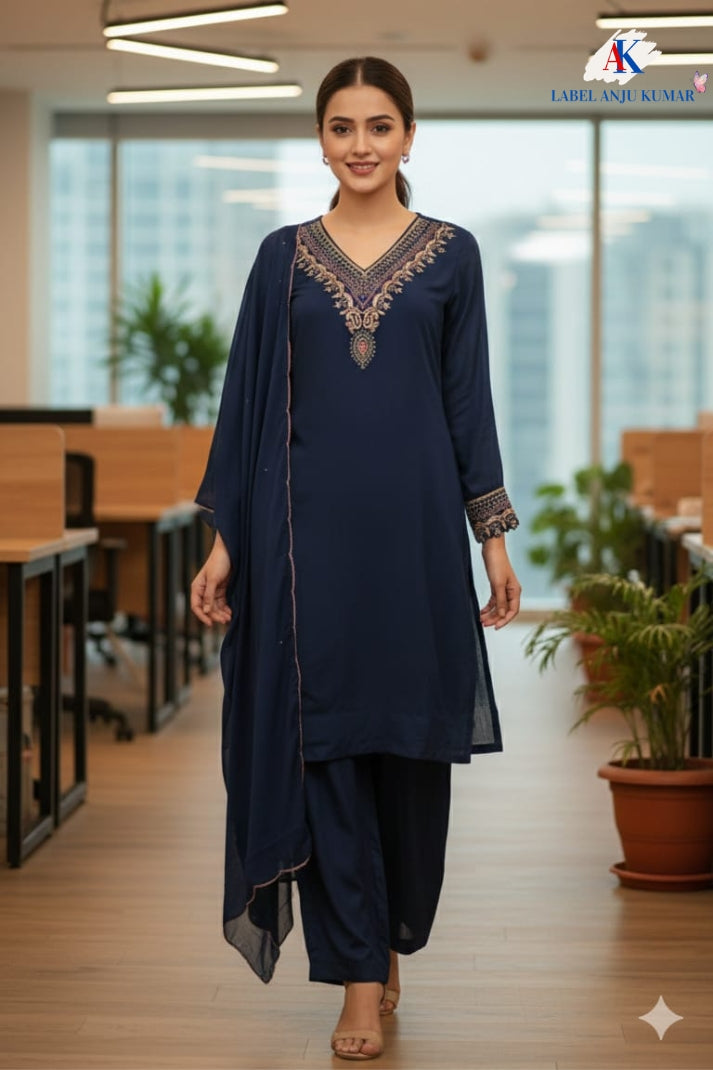 Pure Chinon Silk T Blue Farshi Salwar Suit with Dubka & Zardozi Hand Embroidery