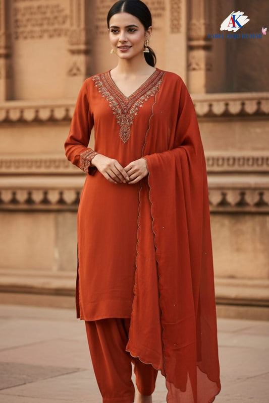 Pure Chinon Silk Rust Farshi Salwar Suit with Dubka & Zardozi Hand Embroidery