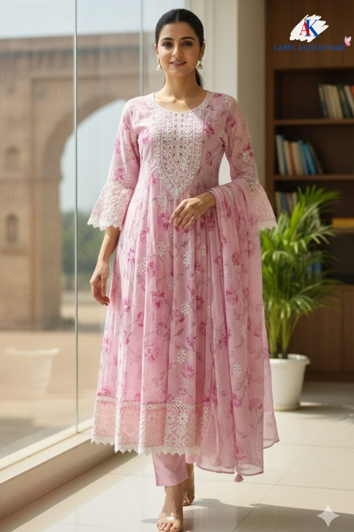 Pink Pure Mal Cotton Digital Printed Chikan Work Anarkali Suit Set