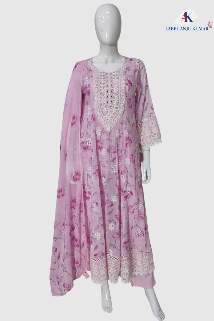 Pink Pure Mal Cotton Digital Printed Chikan Work Anarkali Suit Set