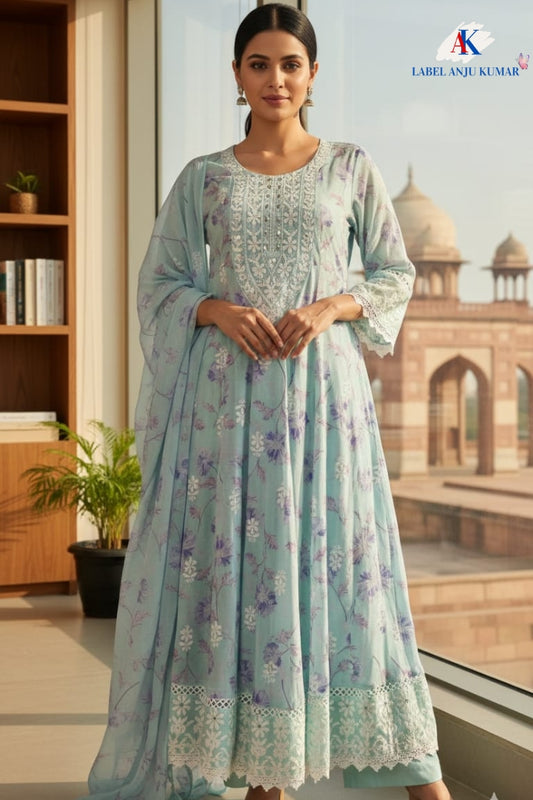 Sky Blue Pure Mal Cotton Digital Printed Chikan Work Anarkali Suit Set